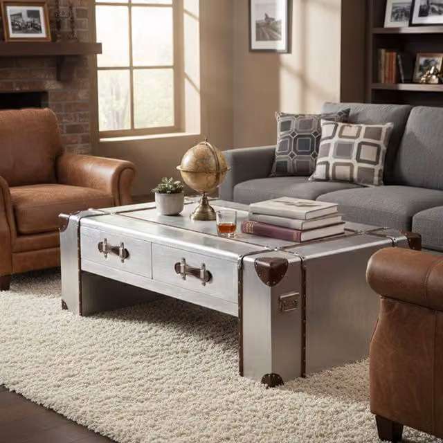 Fifty Five South Industrial Rectangular Coffee Table in Silver and Brown Metal – 1