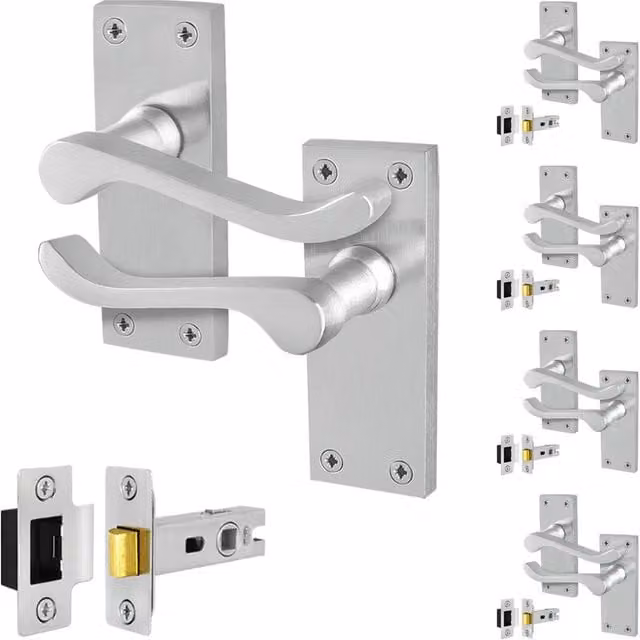 AFIT Satin Chrome Scroll Door Handle and Latch Set in Silver, 5 Pairs, W/D/H: 15 x 15 x 6.4 cm