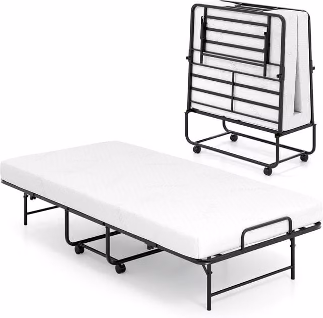COSTWAY Grey Metal Folding Rollaway Bed with Foam Mattress