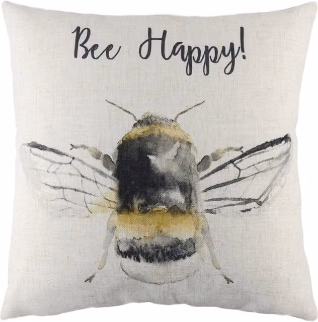 Bee Happy Printed Square Cushion in White with Polyester and Feather Filling