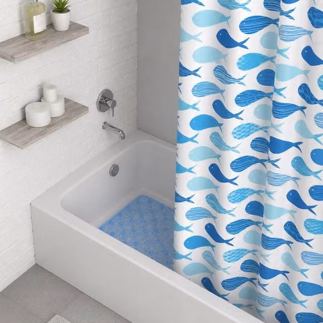 Showerdrape Aquarium Nautical Shower Curtain and Laguna Blue Anti Slip Bath Mat in White and Blue, W: 180 cm x D: 180 cm