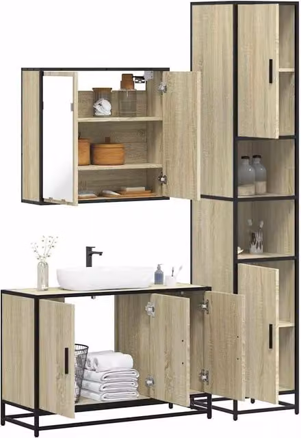 Berkfield Home 3 Piece Industrial Bathroom Furniture Set in Brown Sonoma Oak Engineered Wood