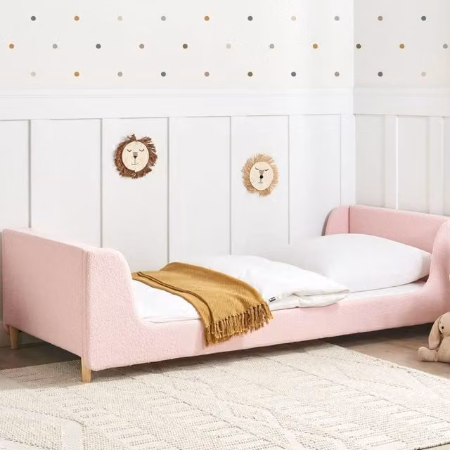 Wyld Haus Pink Bouclé Kids Bed Frame with Curved Headboard, W/D/H: 90 x 200 cm