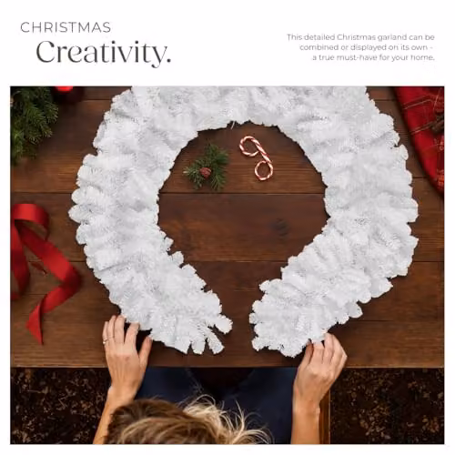 tectake Christmas Garland in White and Green with Lifelike Leaves and Hanging Loop – 6