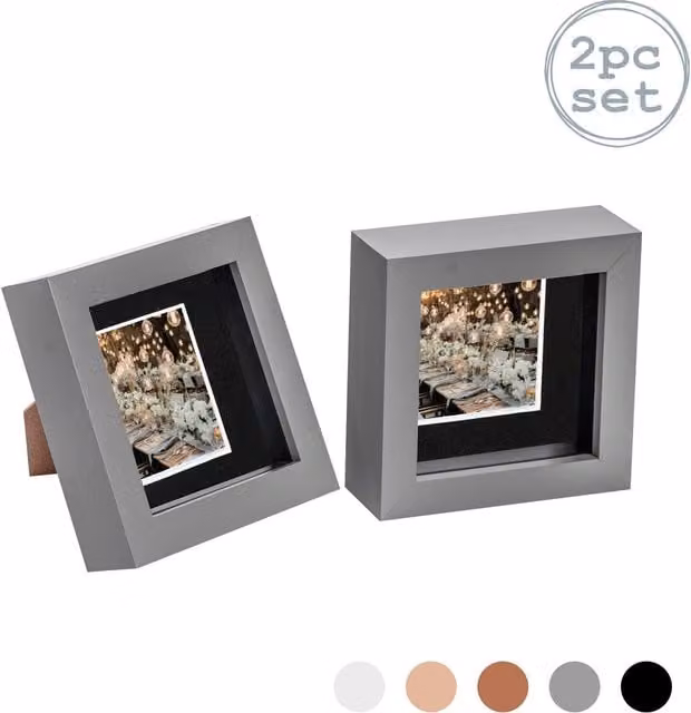 Nicola Spring Pack of 2 Square 3D Box Photo Frames in Grey and Black with 10.16 x 10.16 cm Photo Area and 5.08 x 5.08 cm Mount
