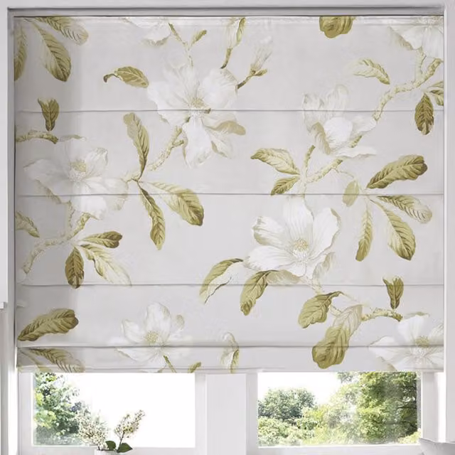 Terrys Amelia Made to Measure Blackout Roman Blind in Green and White Floral Linen