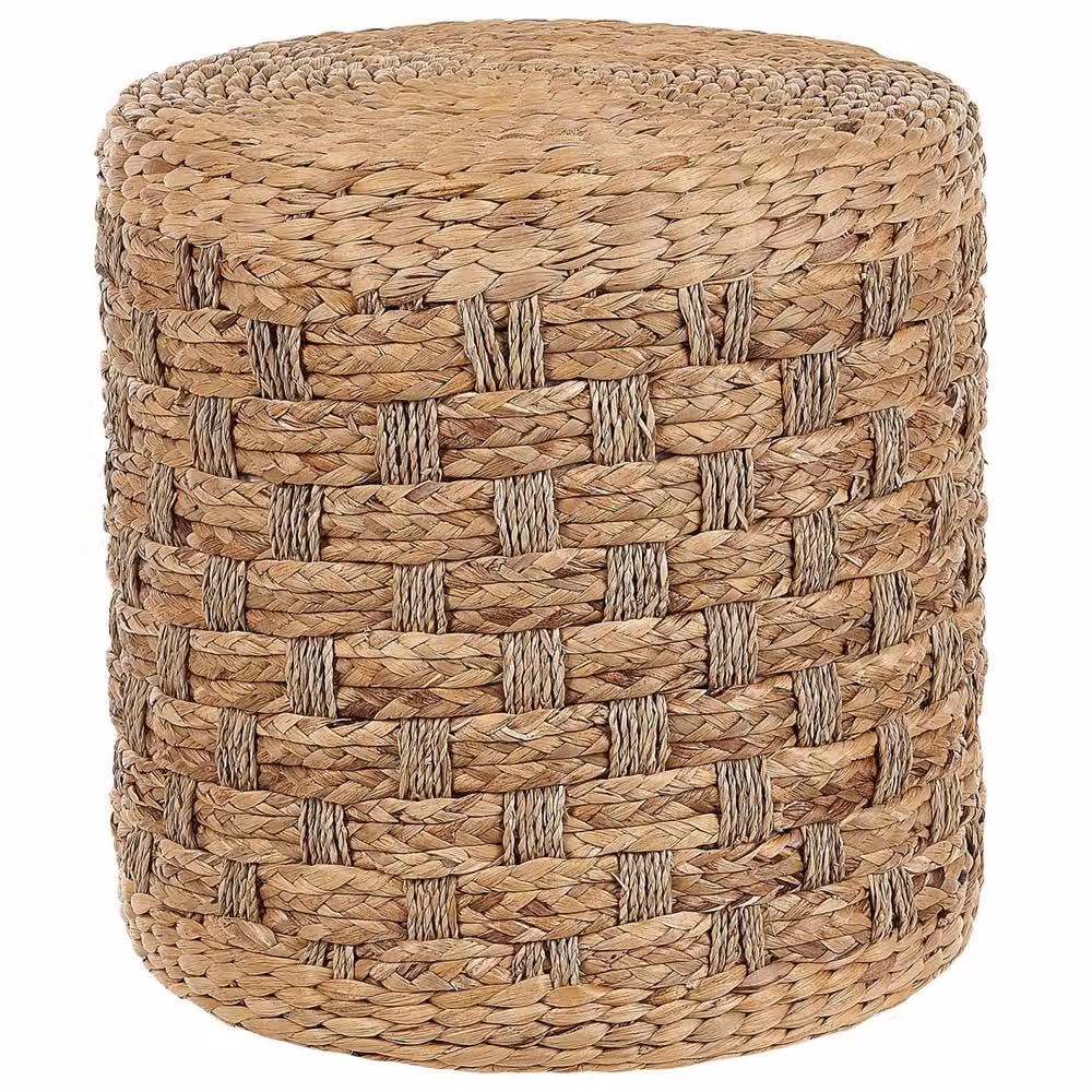 Wyld and Coco Handwoven Natural Seagrass and Water Hyacinth Pouf in Beige and Sand, Diameter: 40 cm – 2