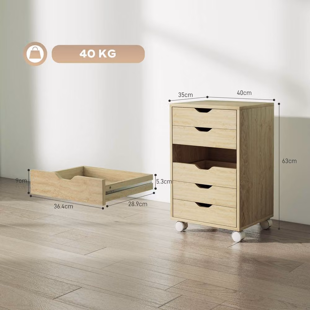 HOMCOM 6 Drawer Vertical Mobile File Cabinet with Soft-Close Drawers and Lock, Oak Wood Effect – 2