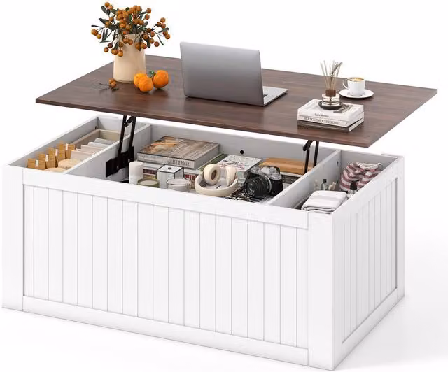 Costway White Farmhouse Lift Top Coffee Table with Storage Doors and Rustic Wood Finish, W: 120 cm, H: 48 cm