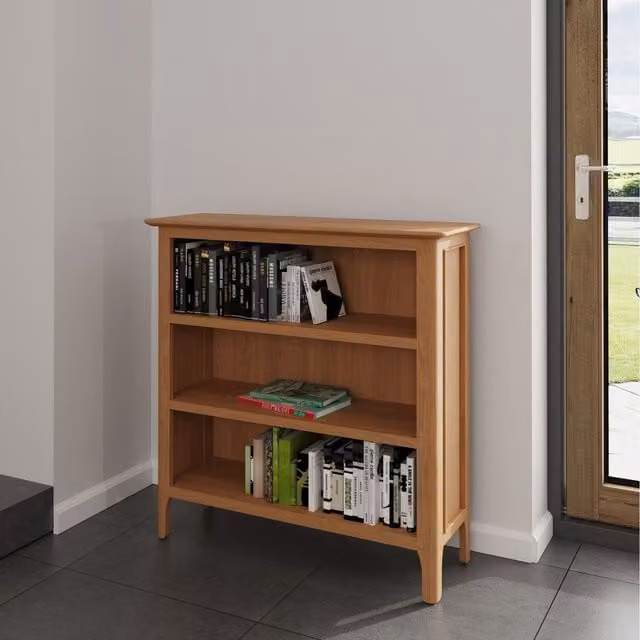 Home Source Natland Fully Assembled Oak Small Wide 3 Shelf Bookcase in Brown and Multicolour