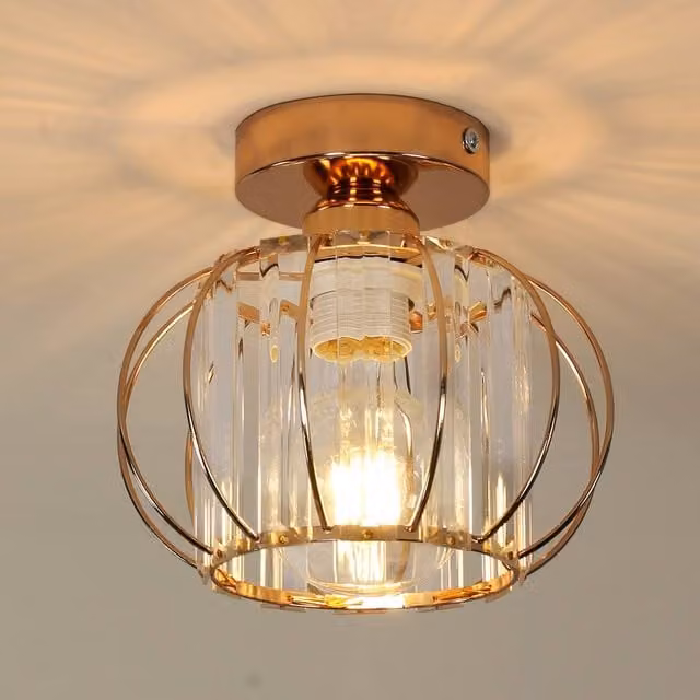 Pheashine Gold and Brass Crystal and Metal Linear Ceiling Light with E27 Bulb Holder