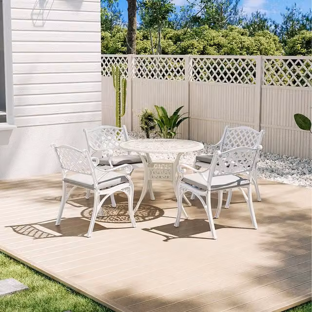 Breeins 5 Piece Retro Cast Aluminium Garden Bistro Set with Cushions in White