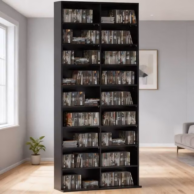 ERGOVEXA 640 CD Storage Tower in Black with Adjustable Shelves and Media Compartments, H 175 x W 30 x D 24 cm