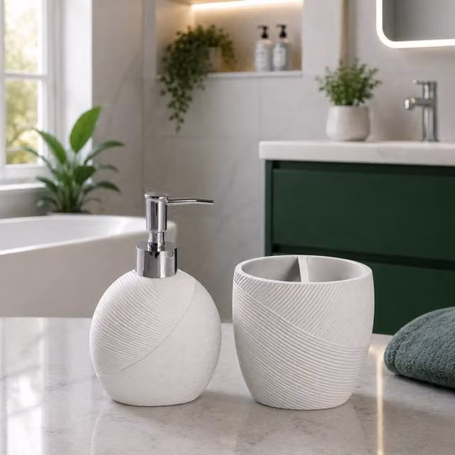 Showerdrape Ripple Black and White Bathroom Accessory Set with Soap Dispenser and Toothbrush Holder