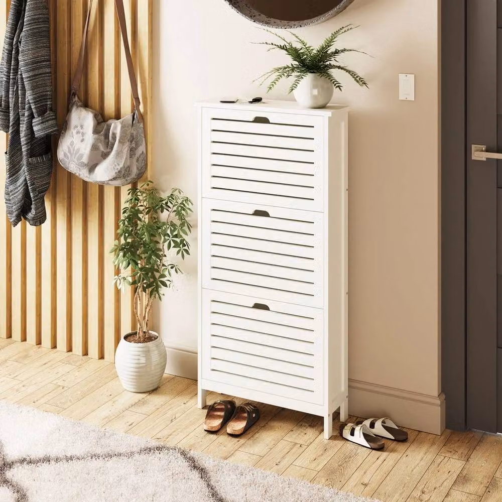 FORGEVIO Three Tier Scandinavian White Shoe Cabinet with Tilting Compartments – 2