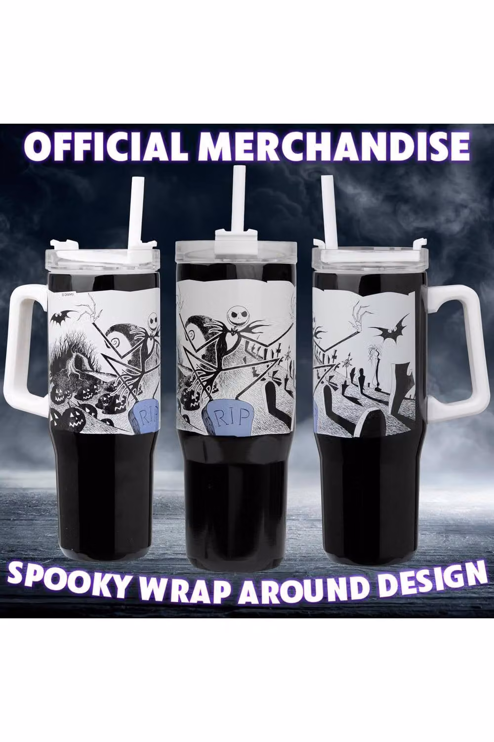 Disney Nightmare Before Christmas Insulated Stainless Steel Tumbler with Straw, Black and White, 940 ml – 9