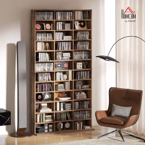 HOMCOM Tall CD and DVD Storage Unit in Rustic Brown, W: 102 cm, H: 195 cm – 2