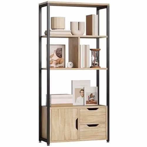 HOMCOM Industrial Bookshelf with 1 Cabinet and 2 Drawers in Brown and Black, W/D/H: 122 x 24 x 58 cm – 1