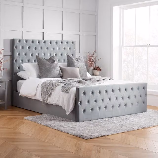 Birlea Marquis Grey Velvet Upholstered Ottoman Bed Frame with Lift Up Base, King Size (180 x 200 cm) – 1