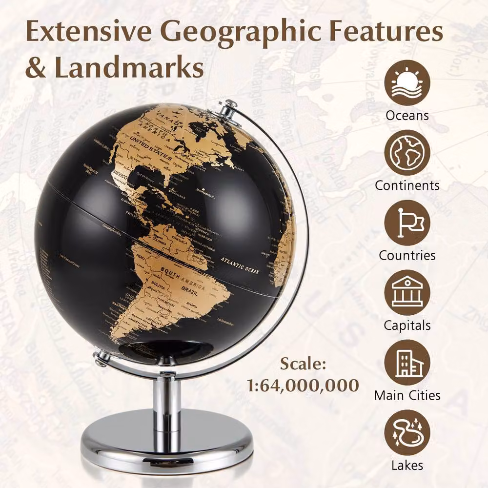 Costway Rotating World Globe in Metallic Black with Metal Stand, Diameter: 20 cm – 6