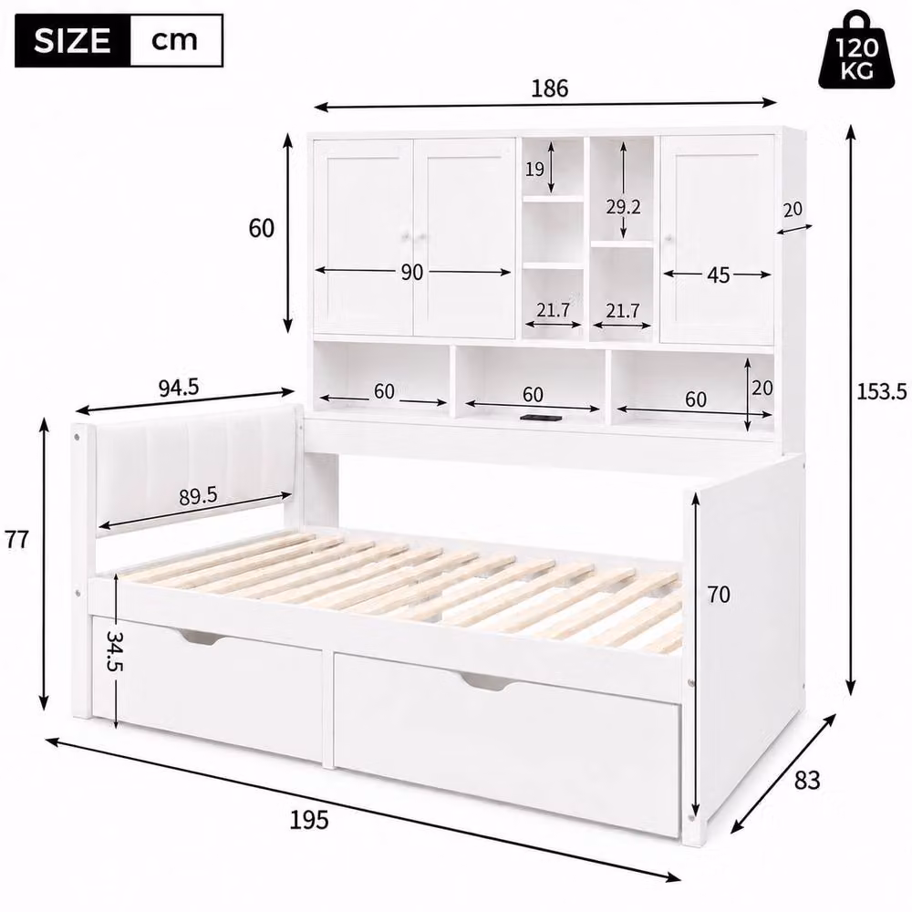 Matteo White Single Kids Cabin Storage Bed with LED Lighting and USB Charging Port, W/D/H: 90 x 190 cm – 2