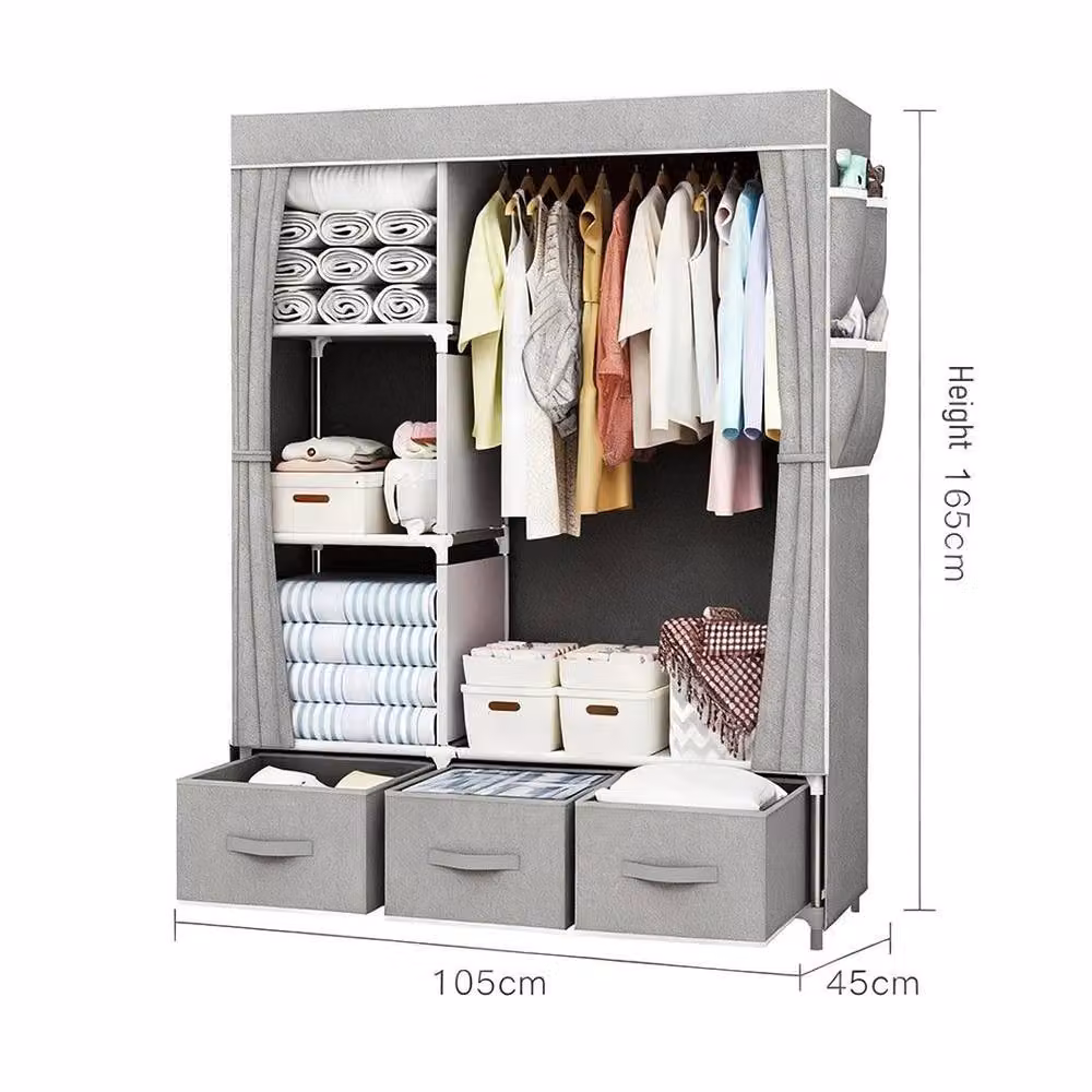 FLAVORA Large Portable Wardrobe with Hanging Rail and Storage in Grey Canvas Fabric – 2