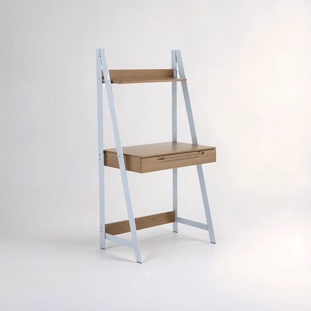 Orsina Light Oak Effect Writing Desk with White Powder-Coated Metal Frame in Grey and White