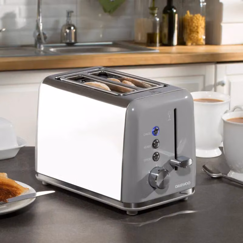 Daewoo Kensington 2 Slice Stainless Steel Toaster with Defrost and Reheat Functions, 810W, Grey – 2