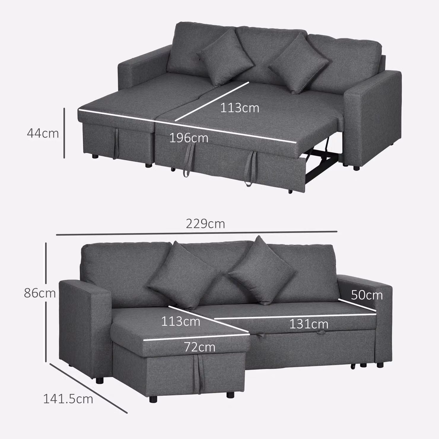 HOMCOM 3 Seater L-Shape Corner Sofa Bed with Reversible Chaise and Storage, Grey – 3