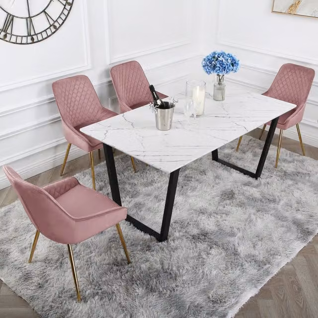 One Atlas Marble Dining Table with Four Hamilton Pink Velvet Chairs and Gold Legs