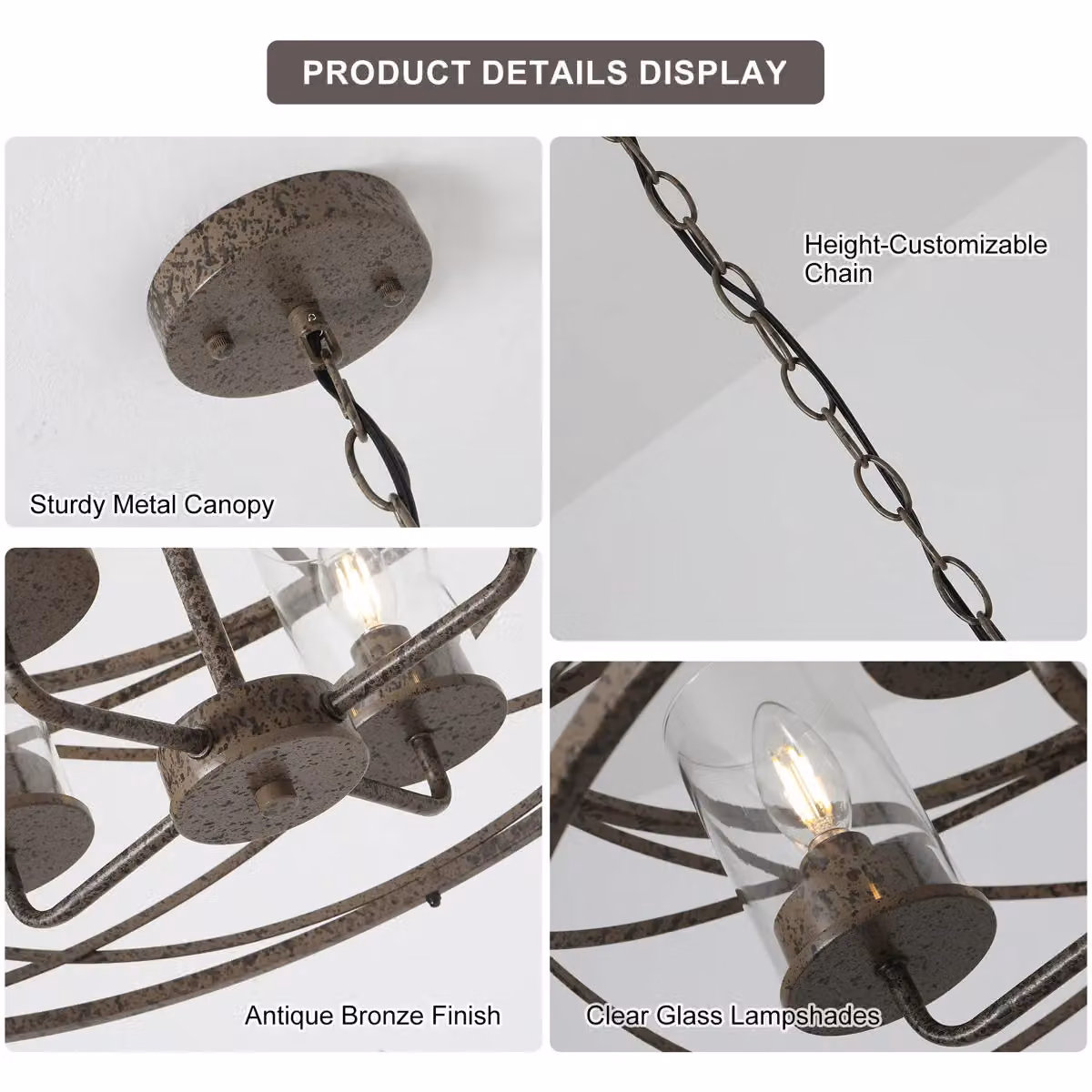 Garwarm 4-Light Adjustable Farmhouse Chandelier in Bronze with Transparent Glass Shades – 7