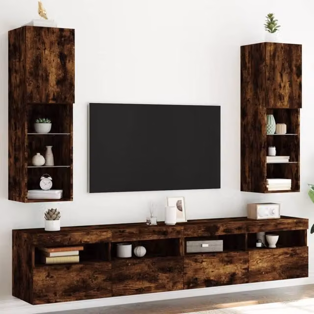 Berkfield Home Set of 2 Modern TV Cabinets with LED Lights in Smoked Oak Brown, W/D/H: 30.5 x 30 x 102 cm