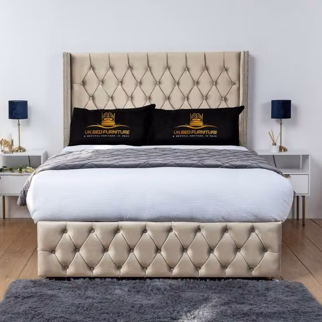 UK Bed Furniture Jasmine Wingback Divan Bed Base with 54 Inch Headboard in Beige, Size: King (W/D/H: 180 x 200 cm)