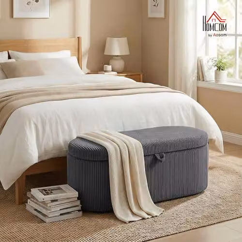 HOMCOM Corduroy Upholstered Storage Ottoman in Grey, W: 105 cm, D: 51 cm, H: 49 cm – 2