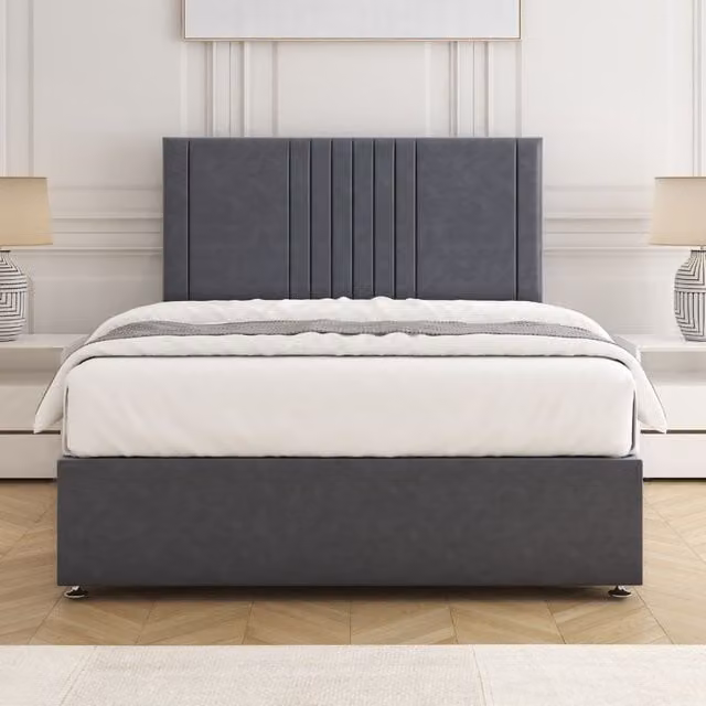 BSSPOKE Monaco Velvet Plush Divan Bed Set with 24 inch Headboard and Mattress in Charcoal Grey, Small Double, W/D/H: 120 x 200 cm