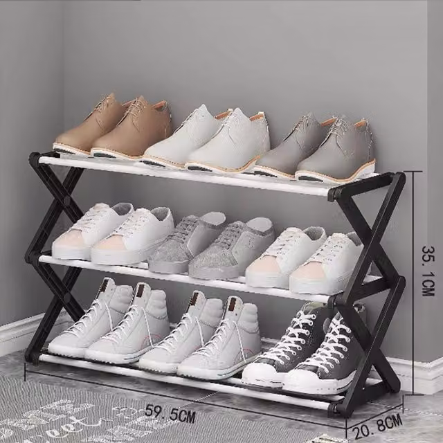 Livingandhome Foldable Metal Multi-Tier Shoe Rack in Black, Width: 35.1 cm