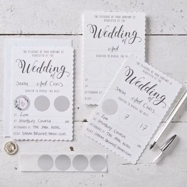 KDMD White and Silver Scratch The Date Wedding Invitations with Scratch and Reveal Feature