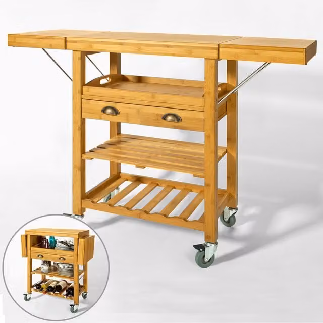SoBuy Bamboo Kitchen Trolley Cart in Brown