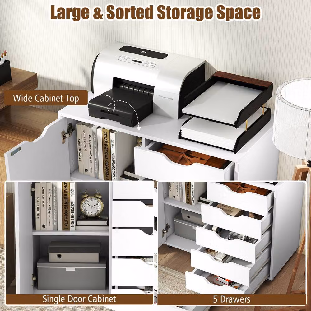 Costway Mobile 5-Drawer Chest with Adjustable Shelf in White – 5