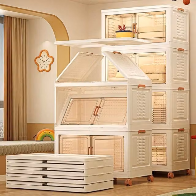 MantraRaj 4 Tier Foldable Plastic Freestanding Storage Cabinet with Internal Shelves, White