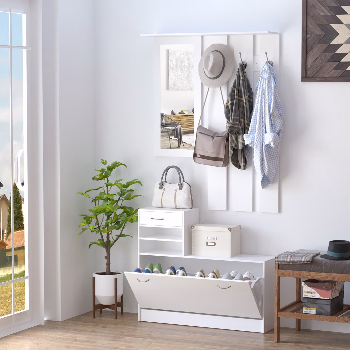 HOMCOM Modern White Entryway Furniture Set with Mirror, Wall Rack and Shoe Cabinet – 2
