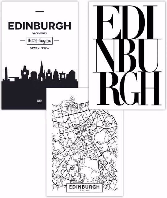 ARTZE Set of 3 Edinburgh Skyline Street Map City Art Posters in Black, W: 50 cm, H: 70 cm