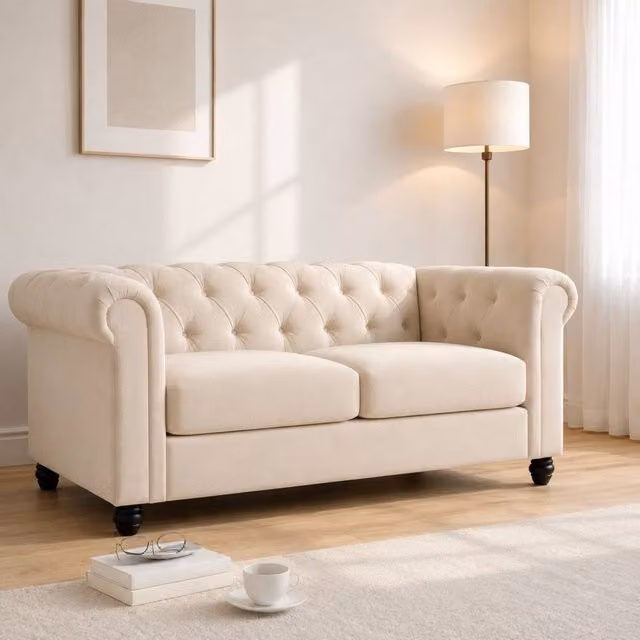Sofaya Hampton 2 Seater Chesterfield Velvet Sofa in Beige