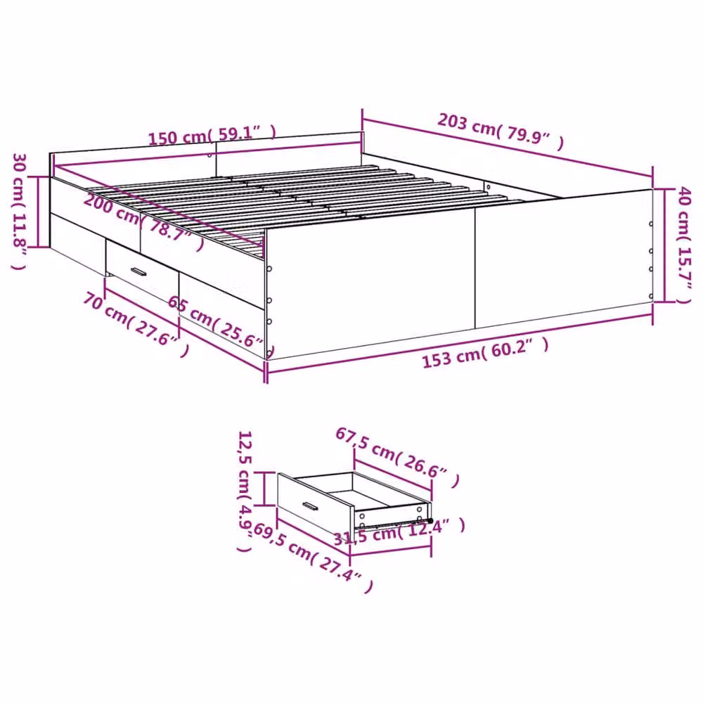 Berkfield Home Modern King Size Bed Frame with Drawers, Grey Sonoma, W: 150 cm, D: 200 cm, H: 40 cm – 2