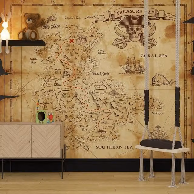 Superfresco Easy Treasure Map Natural Print Mural in Beige, W: 300 cm, H: 280 cm – 1