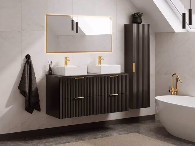 Vente-unique Striated Suspended Bathroom Furniture Set with Countertop Basin and Column in Matt Black, W: 60 cm, D: 46 cm, H: 57 cm – 1