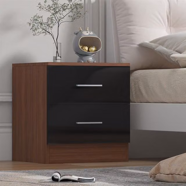 Reflect 2 Drawer Bedside Table in Black Gloss and Walnut, H 48.5 x W 45 x D 39.5 cm