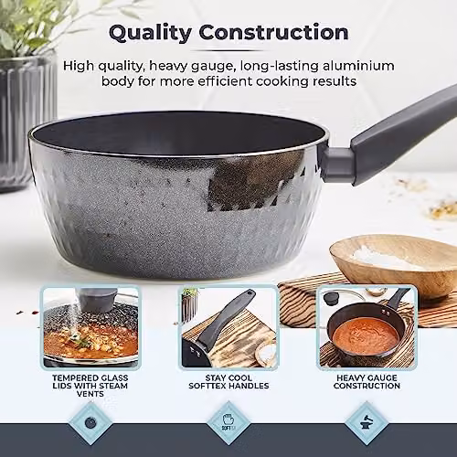 Tower Diamo 3 Piece Black Ceramic Non-Stick Saucepan Set with Glass Lids – 4