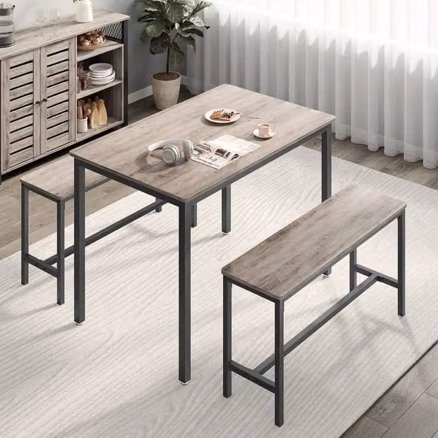 VASAGLE Industrial Dining Table and 2 Benches Set, Brown and Black