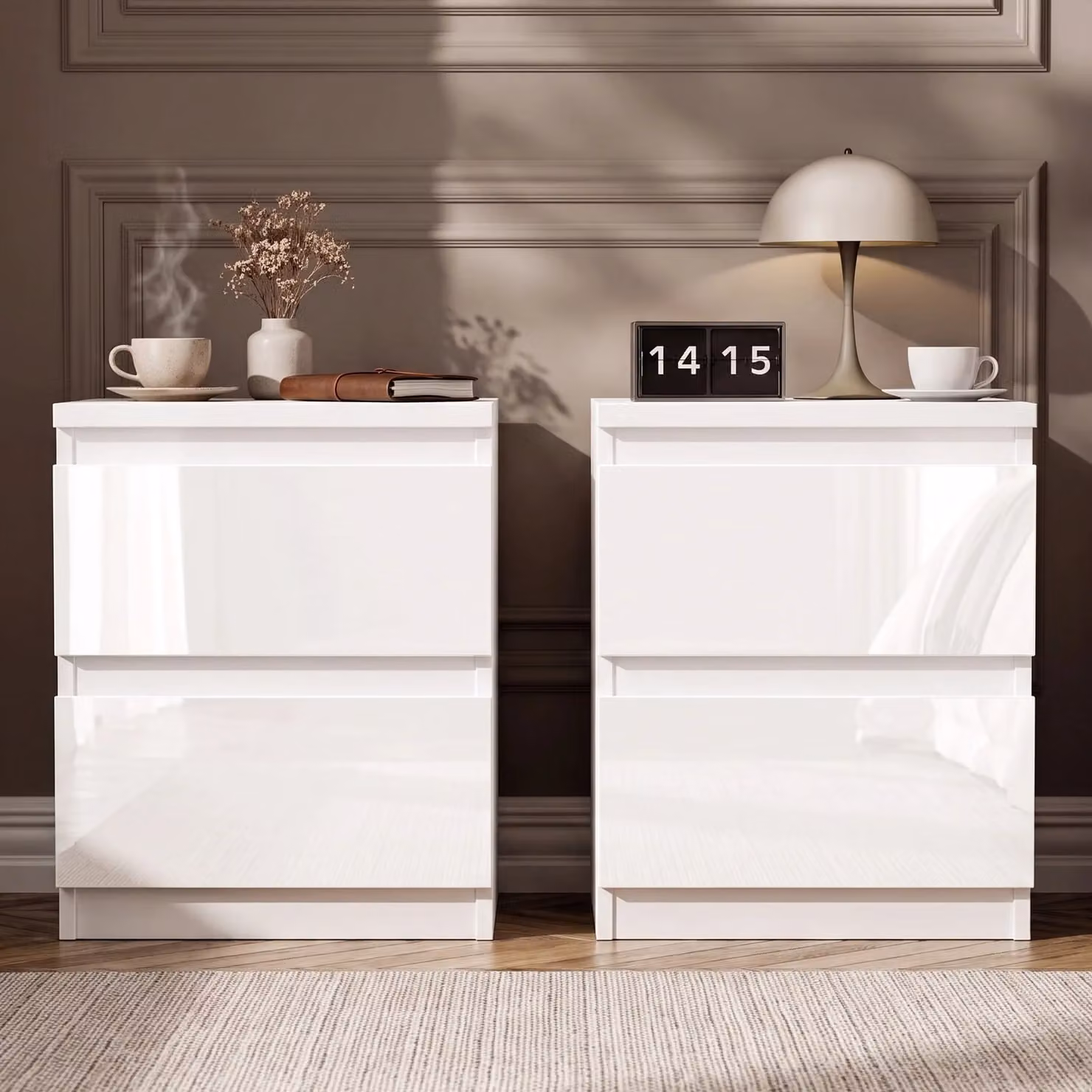 DHS Set of 2 White High Gloss Minimalist Bedside Tables with 2 Drawers